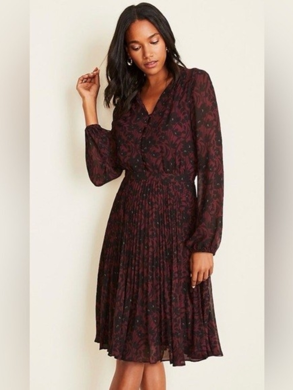Ann Taylor Burgundy Floral Pleated Midi Dress